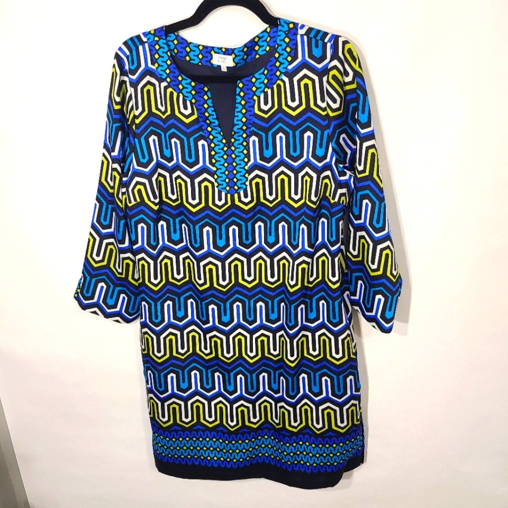 Crown & Ivy Women's‎ Dress/Tunic Blue Green Black Geometric Print Size 12 Office